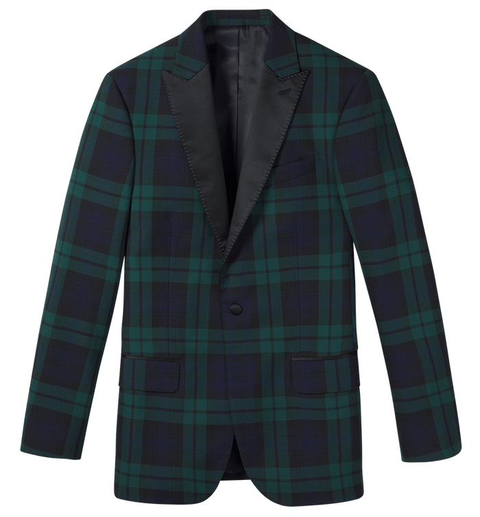 Black watch tartan tuxedo jacket, flat lay, front view, grey background.