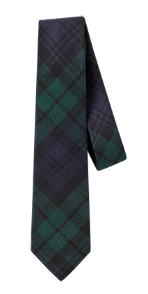 Black watch tartan wool necktie draped straight on a light background.