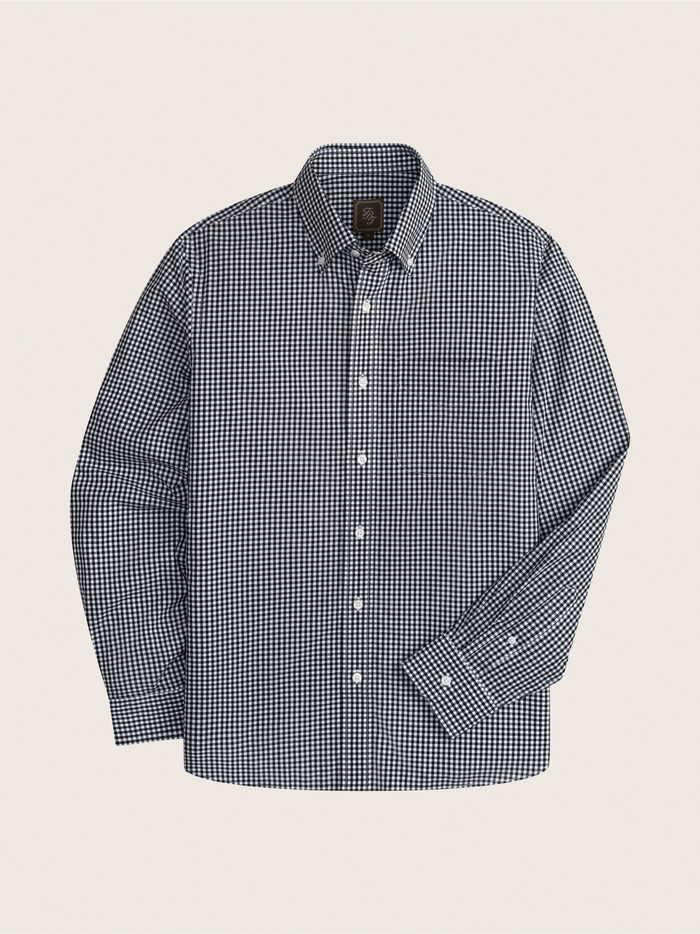 Black and white gingham button-up shirt with long sleeves.