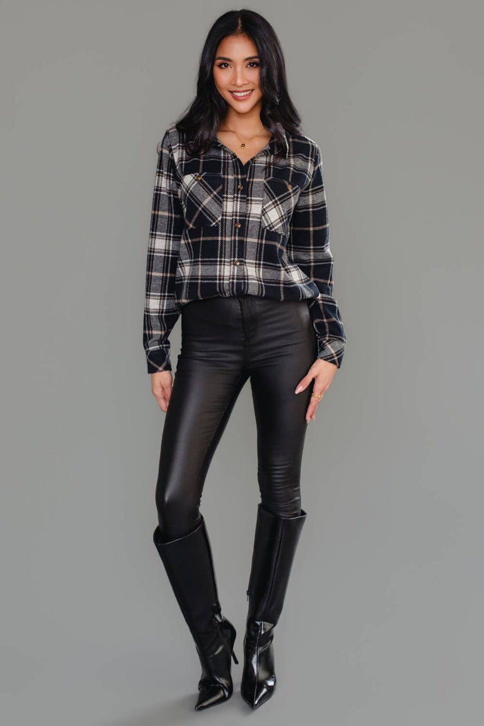 Black, White & Tan Plaid Button Up