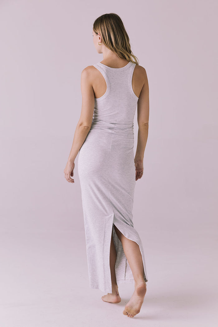 Back view of the Chaser Bliss Light Heather Gray Midi Dress showing the racerback cut and sleek midi length hem