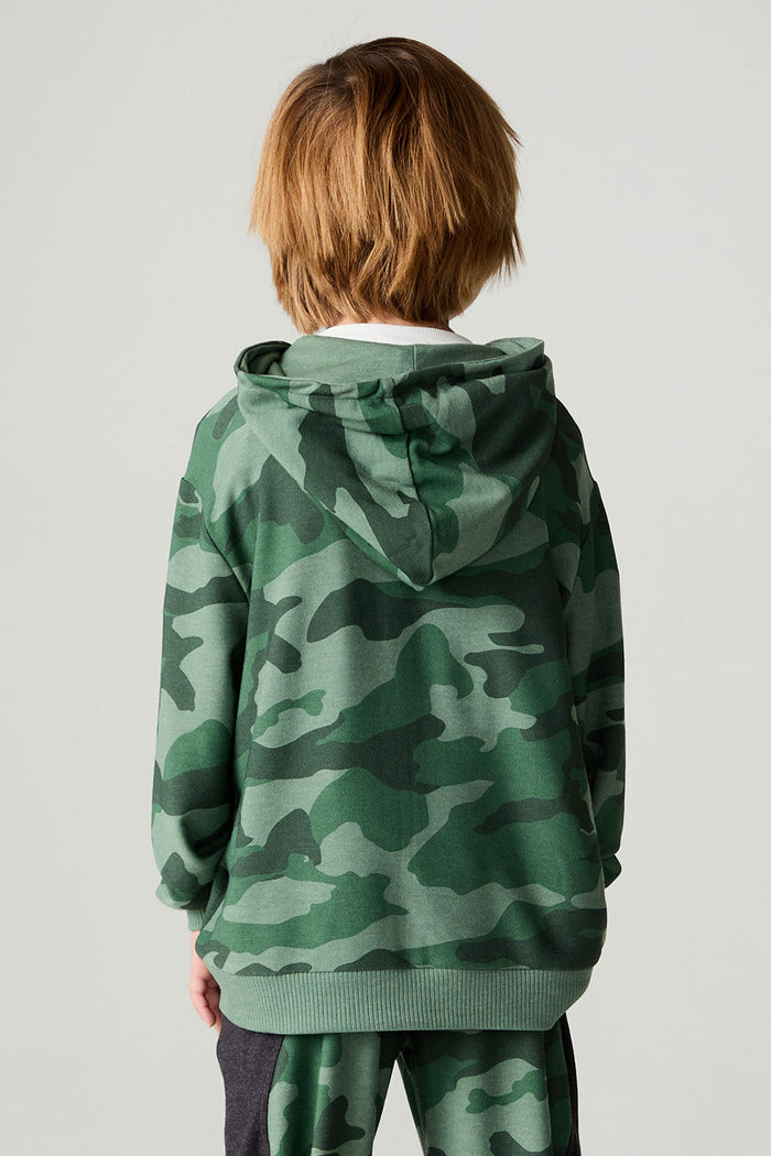 Back view of a boy wearing the Chaser Blocked Camo Boys Hoodie on a neutral background with arms at sides