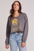 Front view of a woman wearing the Chaser Blondie Live Cropped Sweatshirt on a neutral background