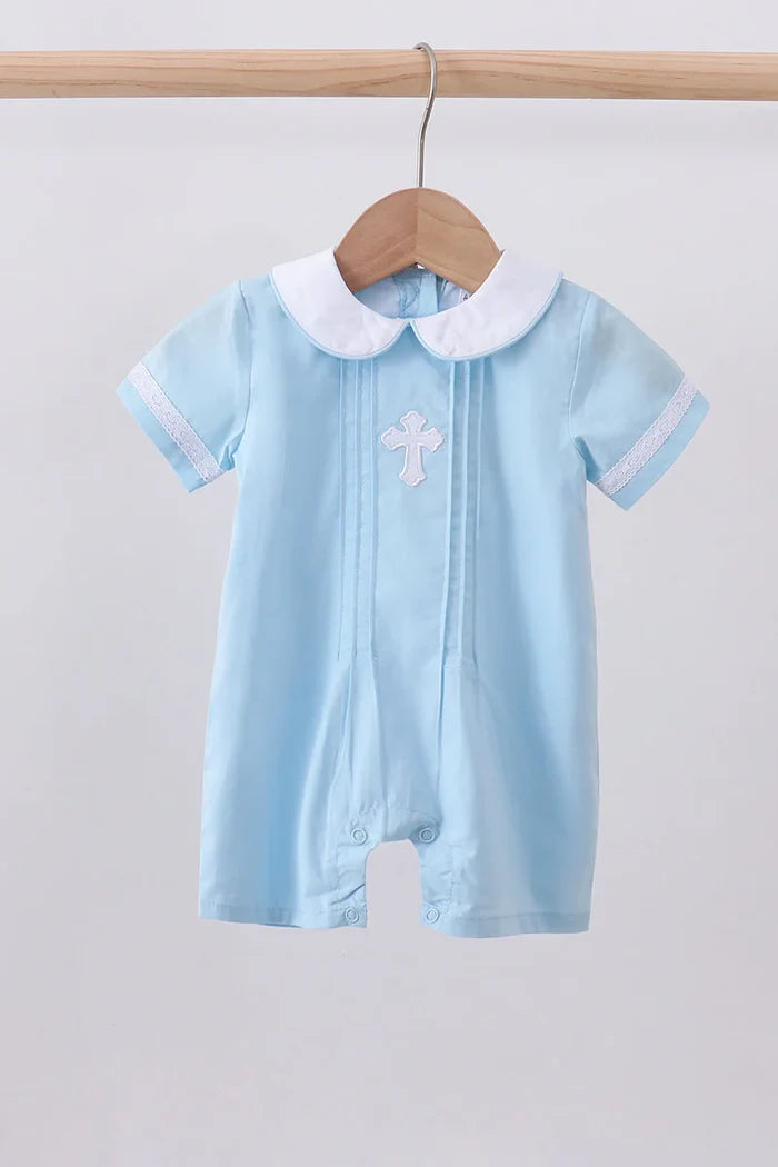 Blue cross embroidery romper baby boy