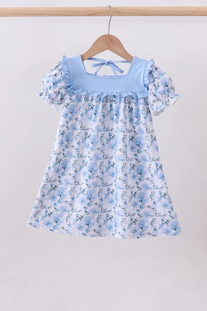Blue floral dress bloomer set baby girl
