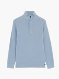 A man wearing a blue Sweatshirt with long sleeves, a funnel neckline, a branded half zip and a regular fit.