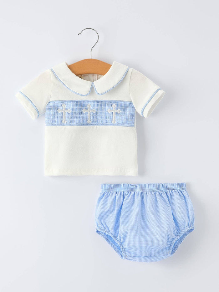 Blue Smocked Church cross Christ Bishop Christening Baby Boy Bloomer Set