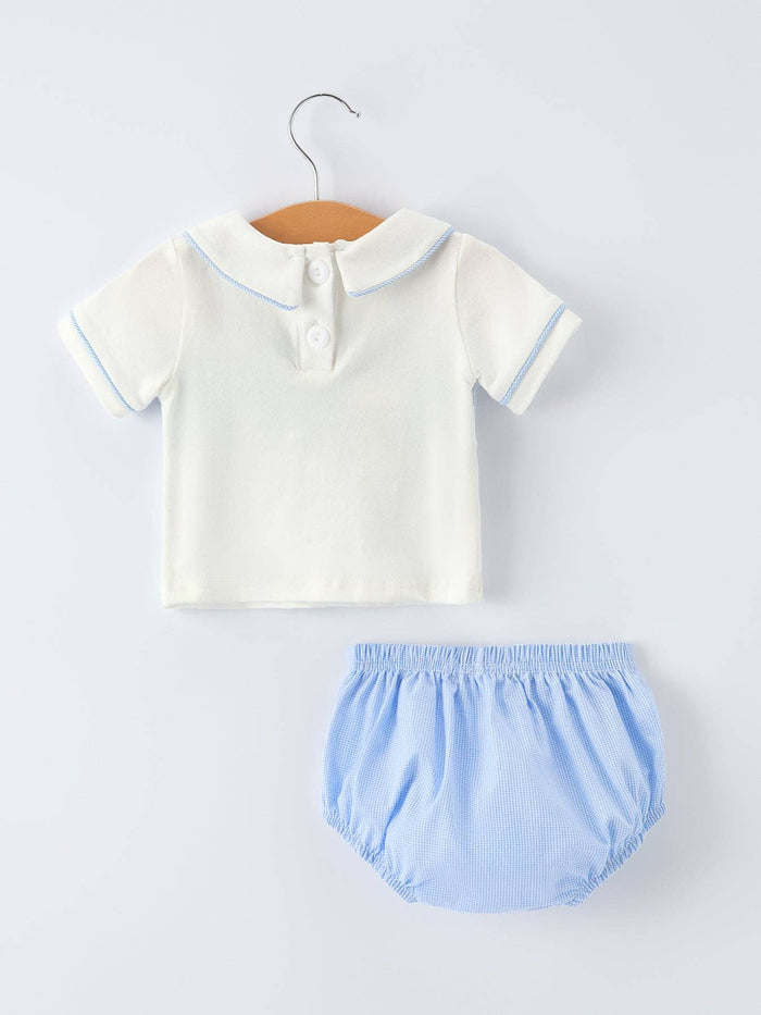 Blue Smocked Church cross Christ Bishop Christening Baby Boy Bloomer Set