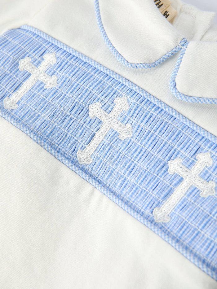 Blue Smocked Church cross Christ Bishop Christening Baby Boy Bloomer Set