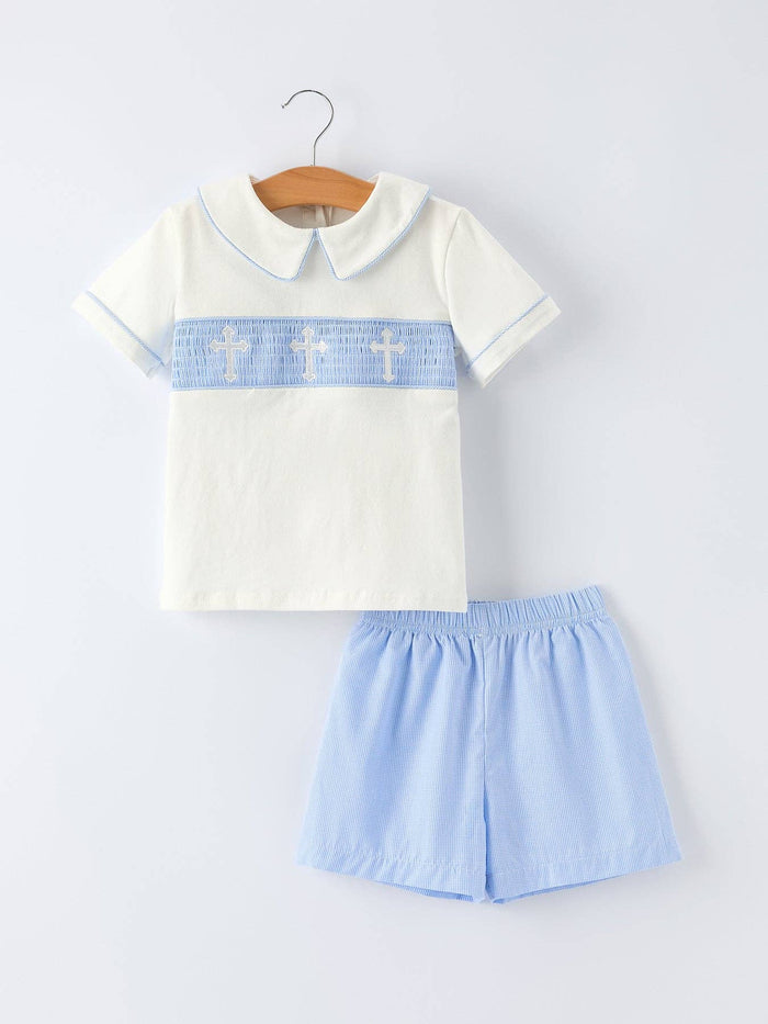 Blue Smocked Church cross Christ Bishop Christening Toddler Boys'Set
