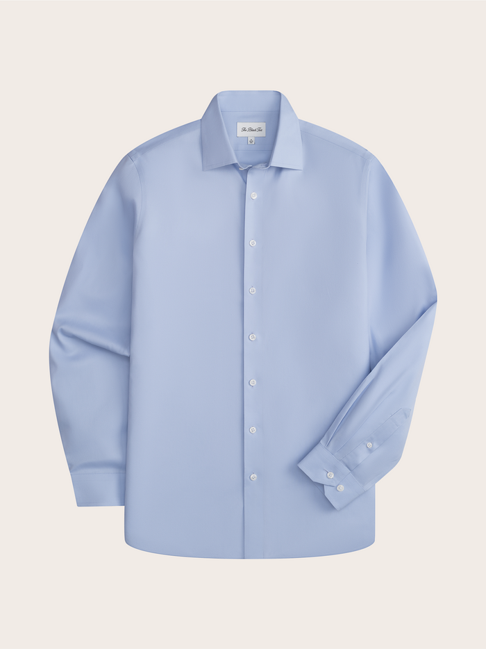 Light blue stretch cotton dress shirt laid flat, front view with spread collar.