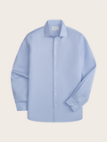 Light blue stretch cotton dress shirt laid flat, front view with spread collar.
