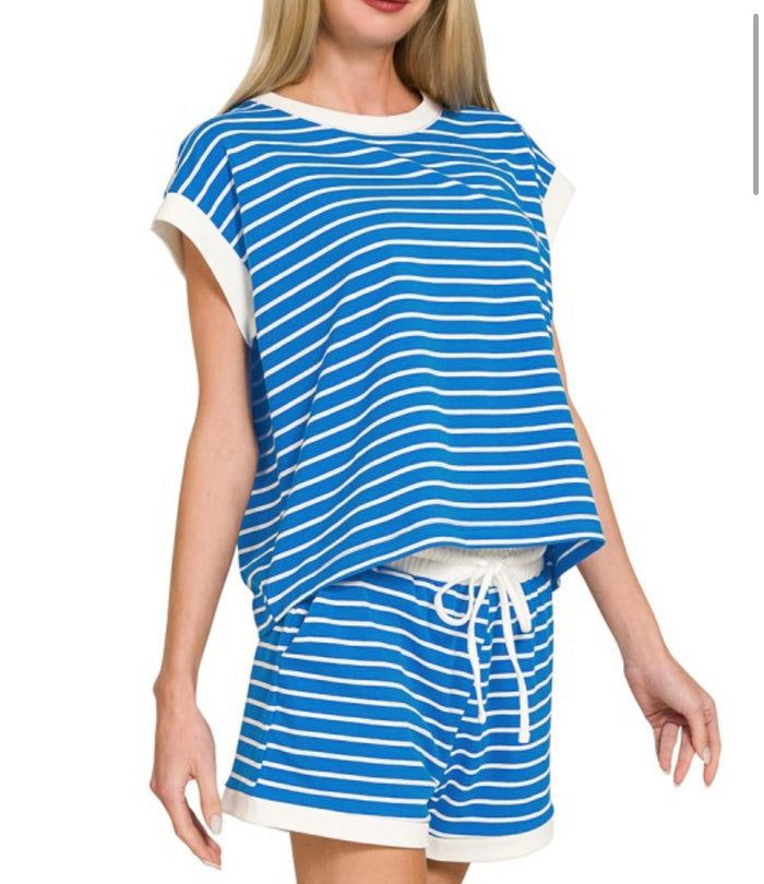 Blue striped top and short set
