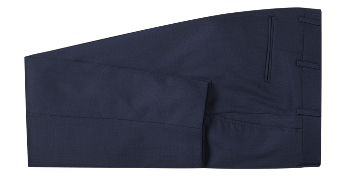 Blue suit trousers folded flat, cuffed leg over waistband, top-down view