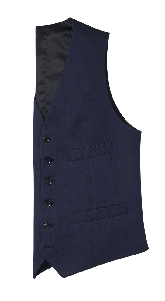 Blue suit vest laid flat, side view showing satin lining and button front.