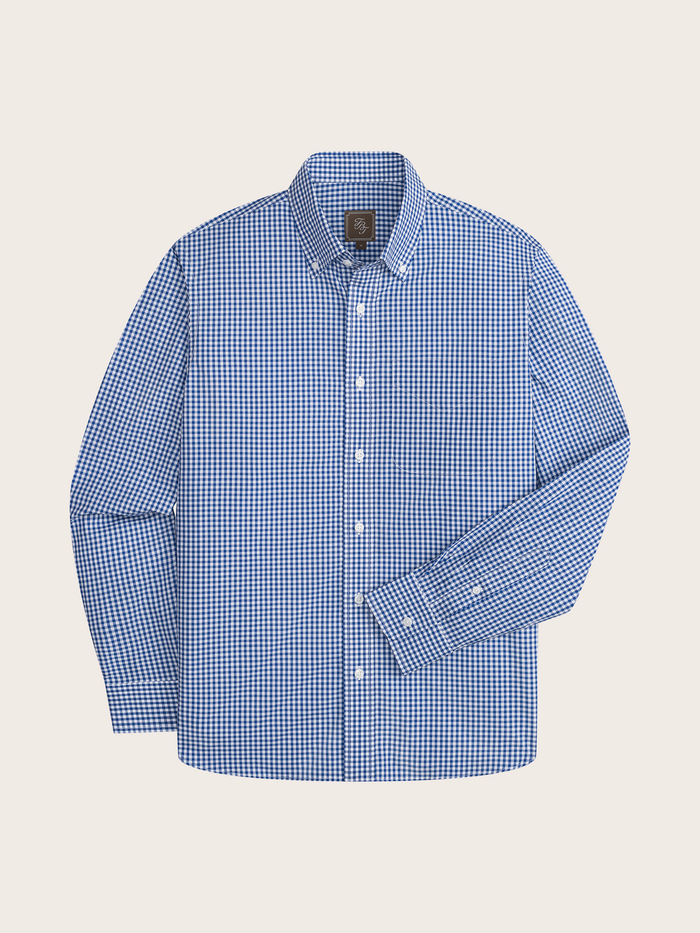 Blue and white gingham checked shirt laid flat, front view with buttoned placket.