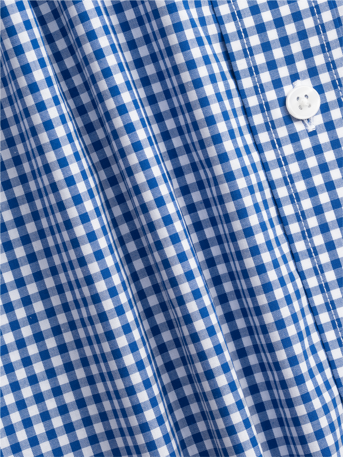 Close-up of blue and white gingham fabric with a white button.