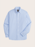 Light blue and white striped button-up shirt laid flat, front view with chest pocket.