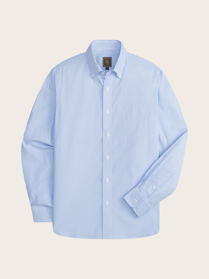 Light blue and white striped button-up shirt laid flat, front view with chest pocket.