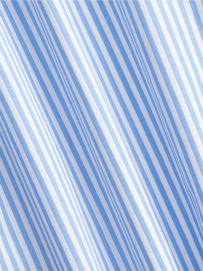 Close-up of light blue and white striped shirt fabric texture.