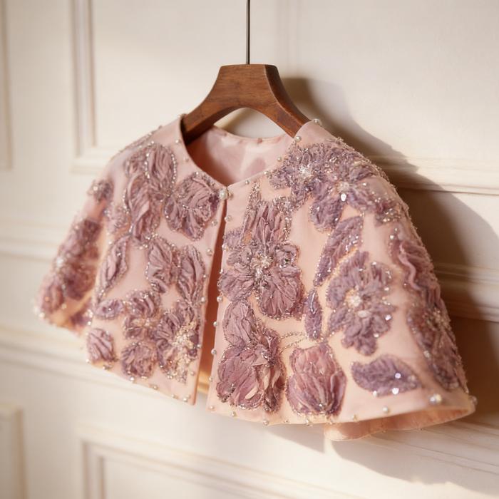 Handmade blush bridal cape with dimensional floral embroidery and delicate beadwork.
