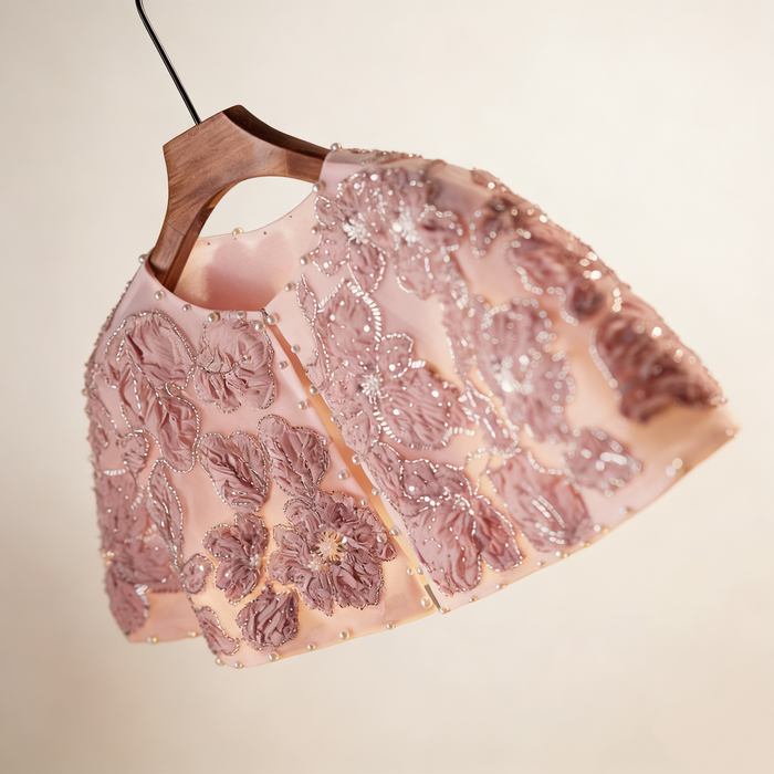 Handmade blush bridal cape with dimensional floral embroidery and delicate beadwork.