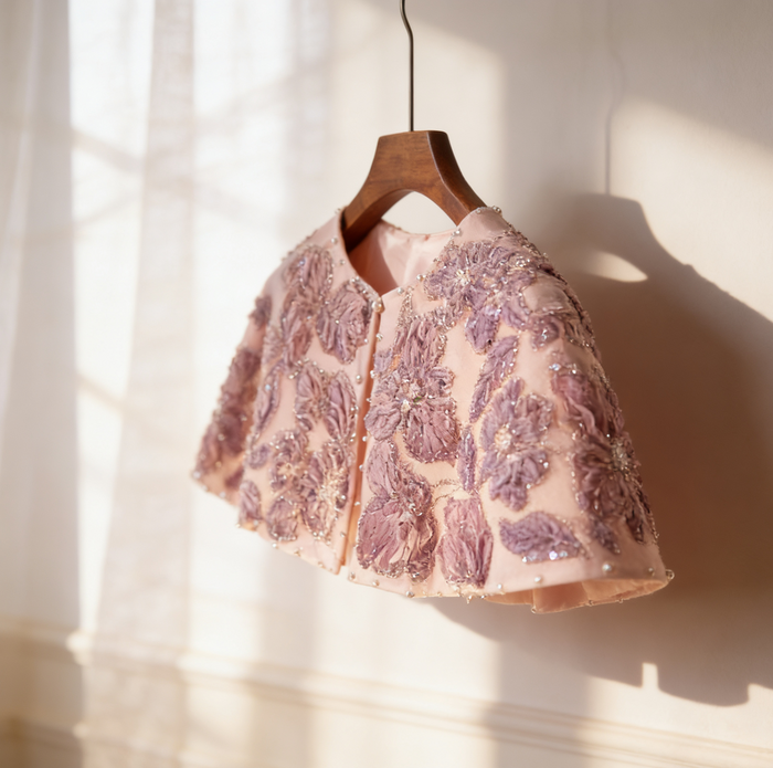 Handmade blush bridal cape with dimensional floral embroidery and delicate beadwork.