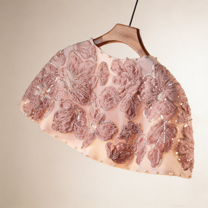 Handmade blush bridal cape with dimensional floral embroidery and delicate beadwork.