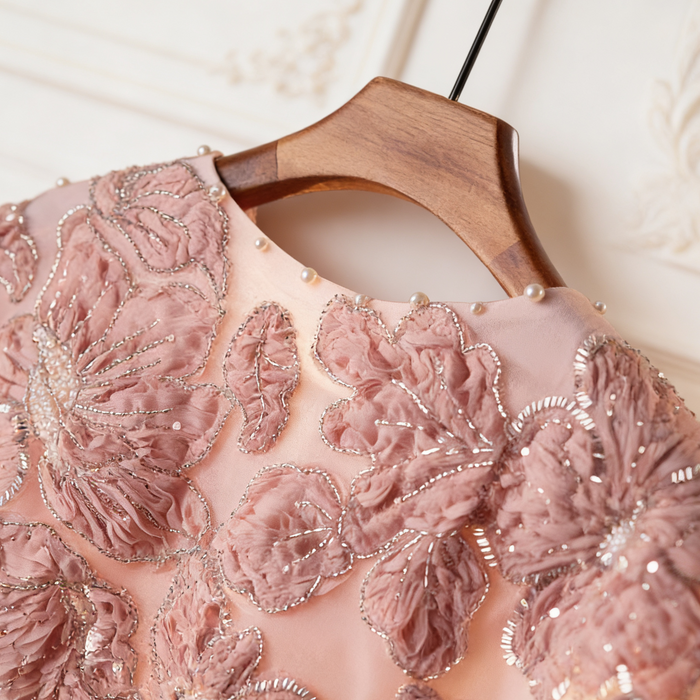 Handmade blush bridal cape with dimensional floral embroidery and delicate beadwork.