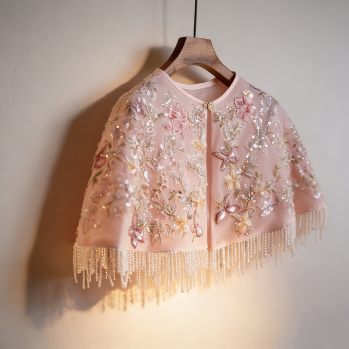 Blush pink bridal capelet featuring floral embroidery, sequins and hand beaded pearl fringe on soft illusion tulle.