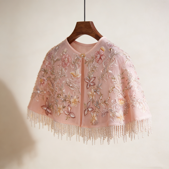 Blush pink bridal capelet featuring floral embroidery, sequins and hand beaded pearl fringe on soft illusion tulle.