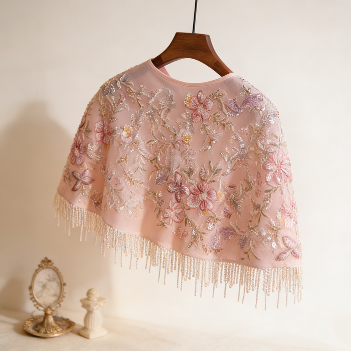 Blush pink bridal capelet featuring floral embroidery, sequins and hand beaded pearl fringe on soft illusion tulle.