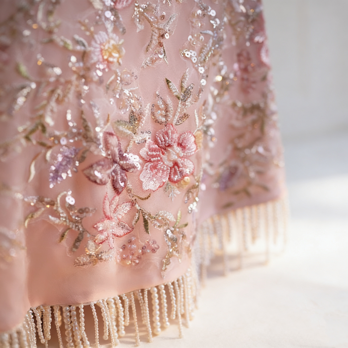 Blush pink bridal capelet featuring floral embroidery, sequins and hand beaded pearl fringe on soft illusion tulle.