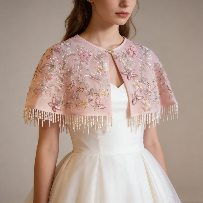 Romantic embroidered wedding shoulder cape with blush flowers, sparkling sequins and elegant pearl fringe.