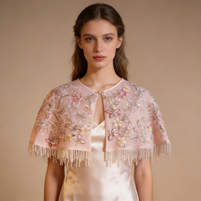 Romantic embroidered wedding shoulder cape with blush flowers, sparkling sequins and elegant pearl fringe.
