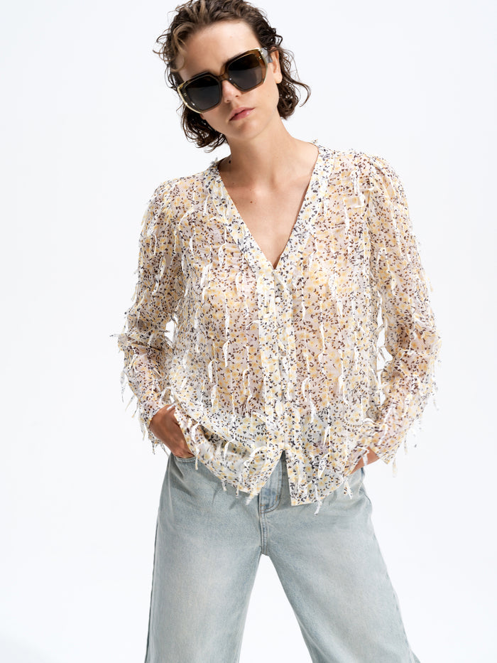 Bonnie Abstract Print Textured V Neck Blouse