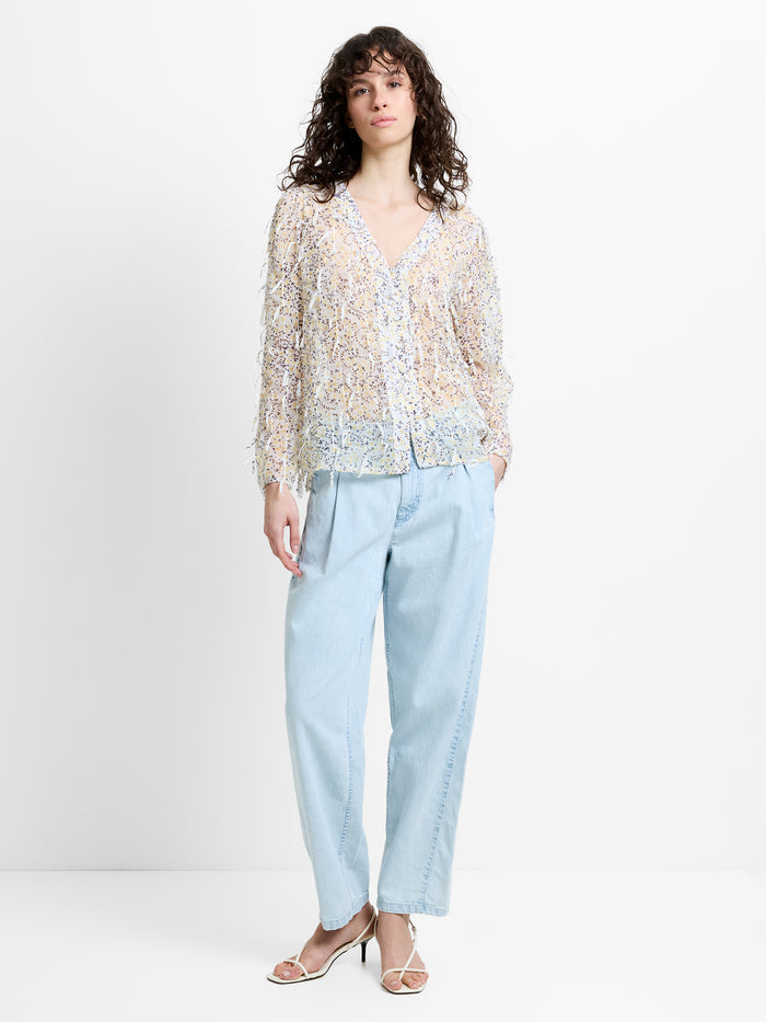 Bonnie Abstract Print Textured V Neck Blouse