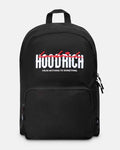 A black backpack with a front pocket featuring a white and red graphic print that reads 'Hoodrich' and 'FROM NOTHING TO SOMETHING'.