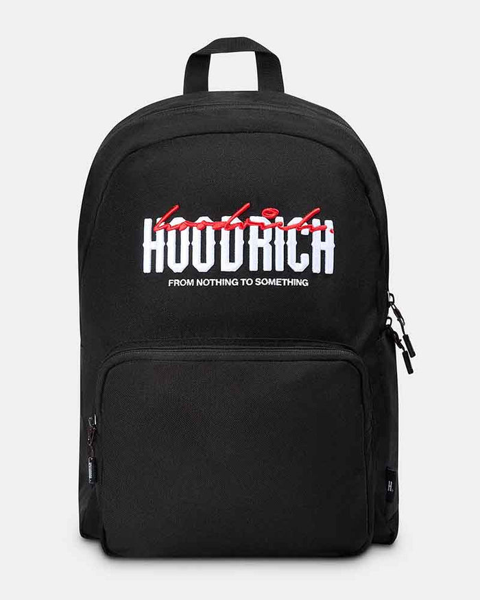 A black backpack with a front pocket featuring a white and red graphic print that reads 'Hoodrich' and 'FROM NOTHING TO SOMETHING'.