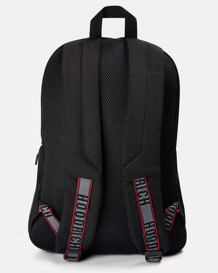 Black mesh backpack shown from the back, featuring padded shoulder straps with 'HOODRICH' branding and red trim.