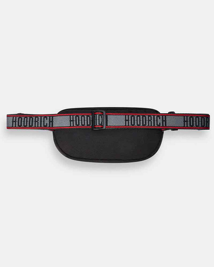 A black cross body bag with a wide gray and black patterned strap featuring the brand name 'HOODRICH' repeated, outlined in red.