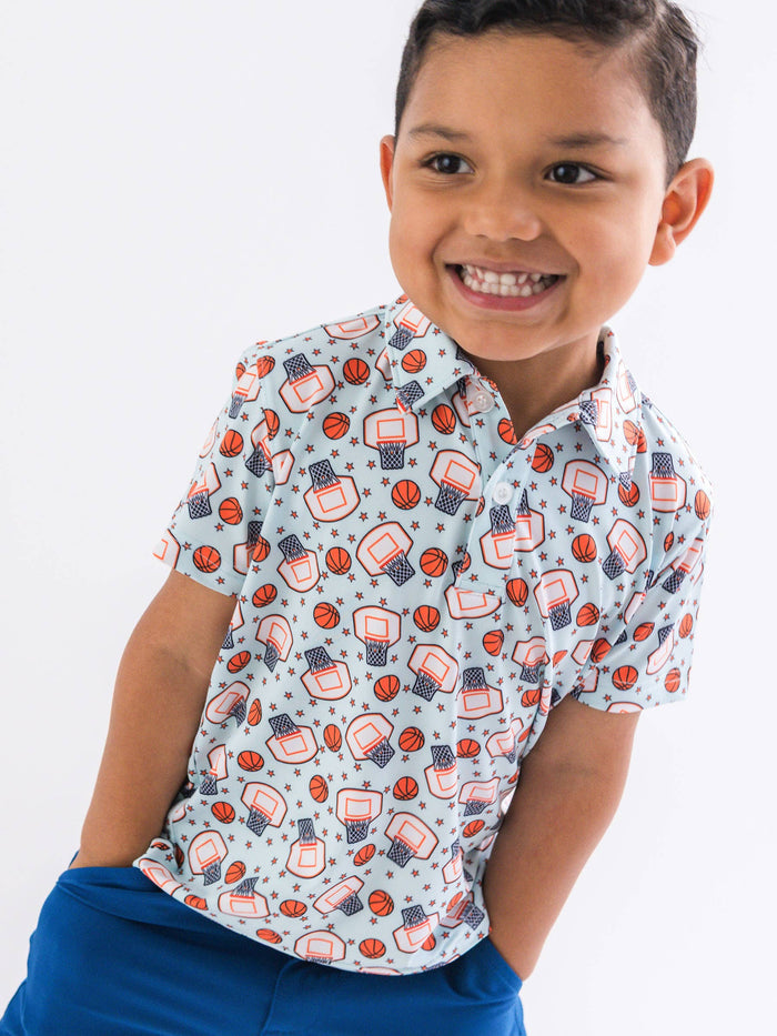 Boys Basketball Star Knit Short Sleeve Performance Polo: Blue