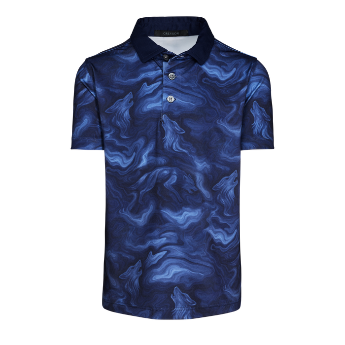 Maltese Blue Boys Smoke In The Den Short Sleeve Polo, Wolf Print - Front View | Greyson Clothiers