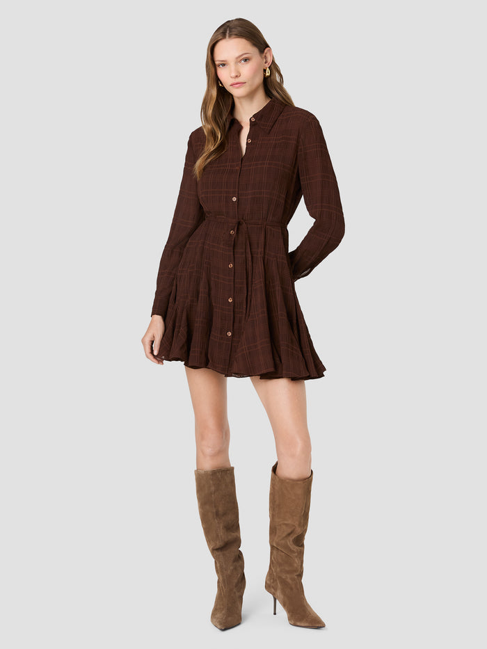 Brown Check Chiffon Tie Waist Mini Shirt Dress