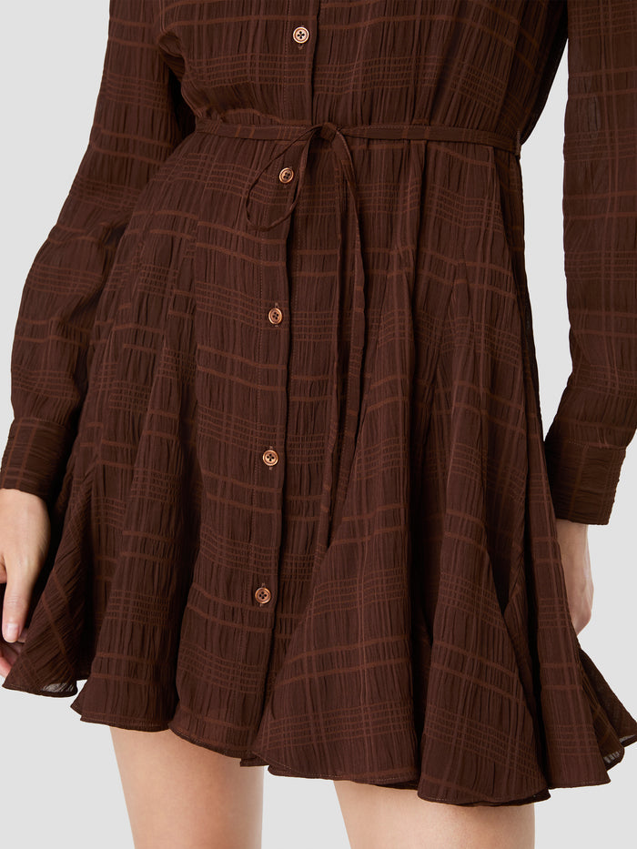 Brown Check Chiffon Tie Waist Mini Shirt Dress