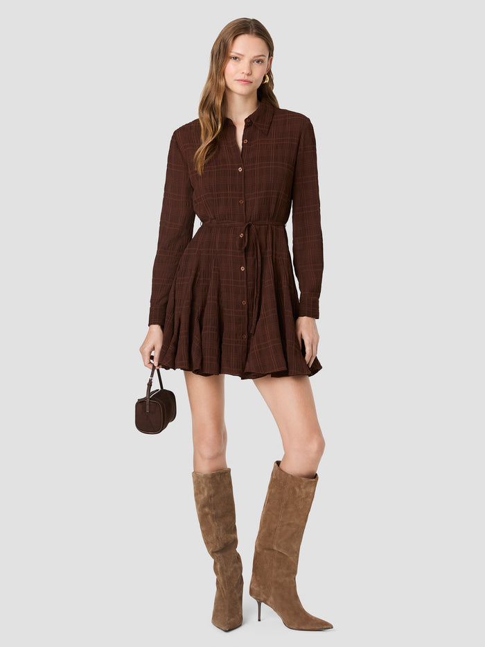 Brown Check Chiffon Tie Waist Mini Shirt Dress