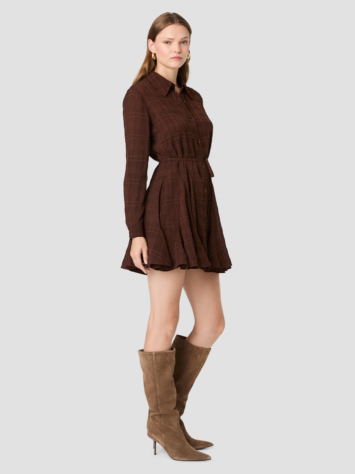 Brown Check Chiffon Tie Waist Mini Shirt Dress