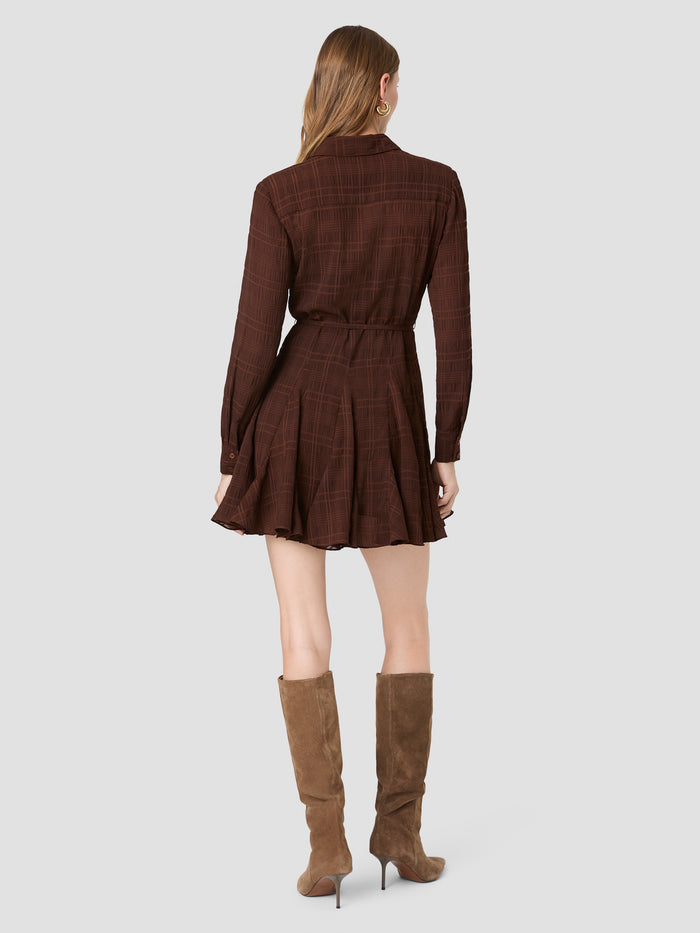 Brown Check Chiffon Tie Waist Mini Shirt Dress