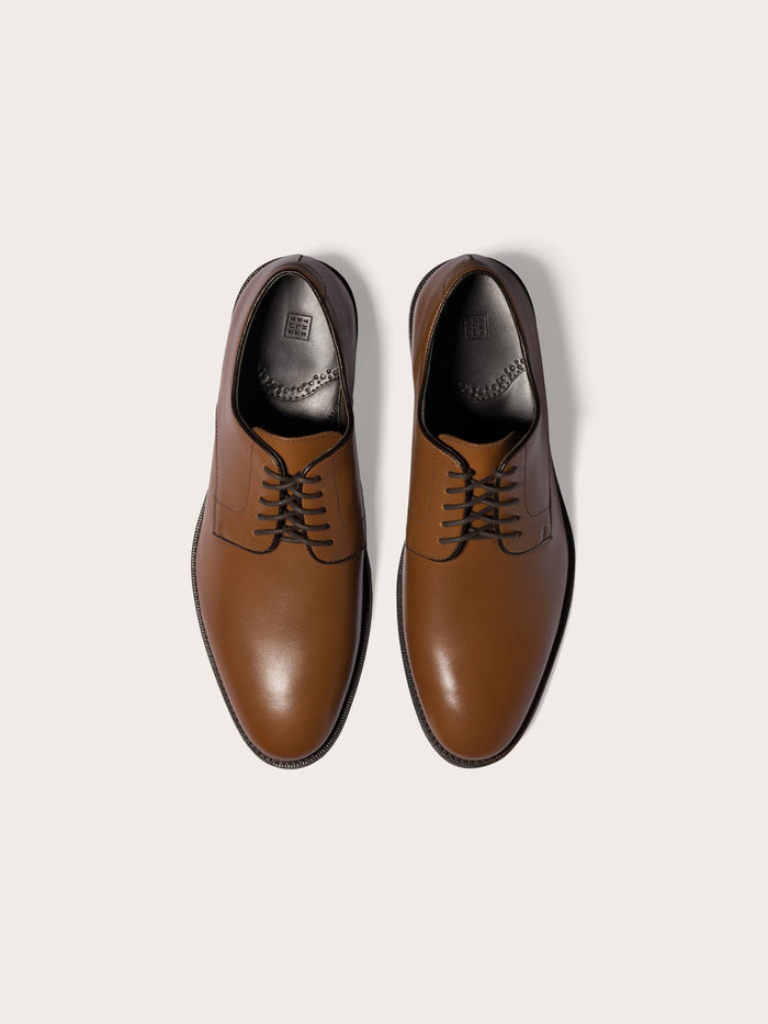 Brown leather dress shoes with laces, viewed from above.