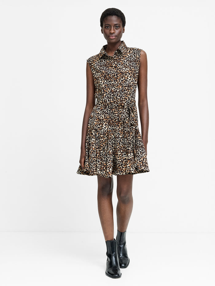 Brown Leopard Print Sleeveless Belted Mini Dress